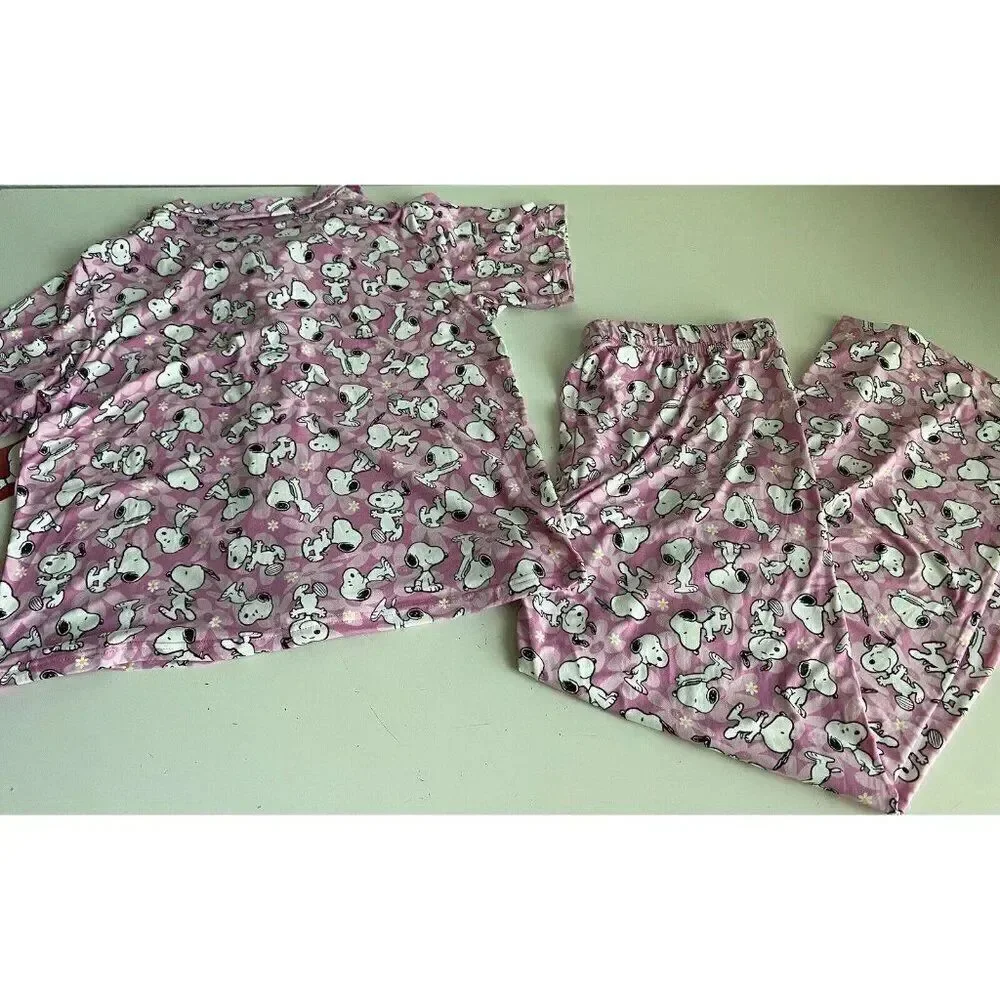 Peanuts SNOOPY‎ Pink Women’s Sz L Pajama PJ Set Pants Short Sleeve Soft Daisies